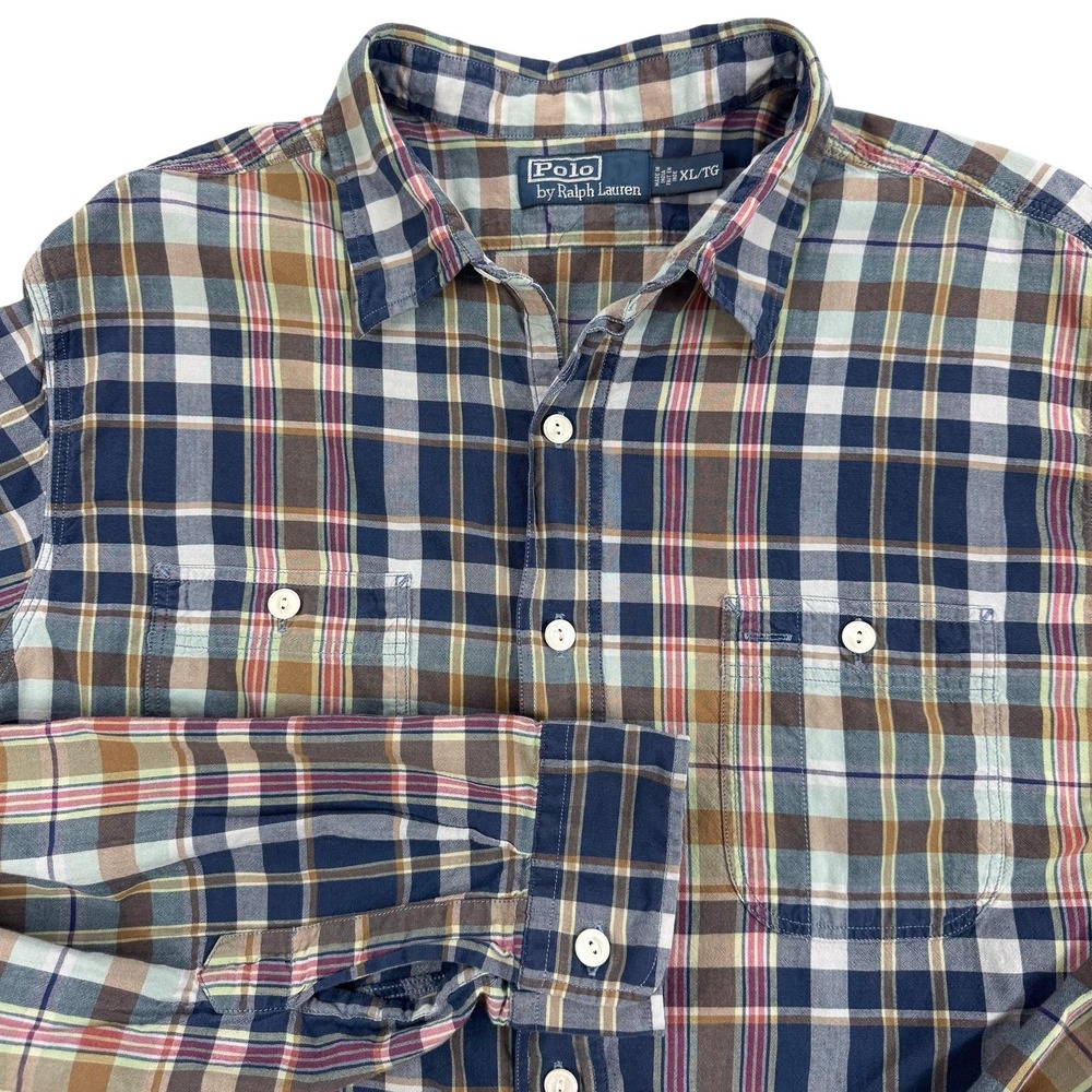 Ralph Lauren Shirt Mens XL Blue‎ Plaid Cotton Long Sleeve Button Pockets Casual